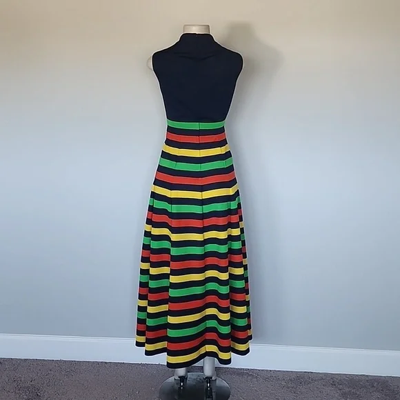 Butte Knit Vintage navy/green/orange/yellow stripe no sleeve maxi dress - Picture 4 of 7